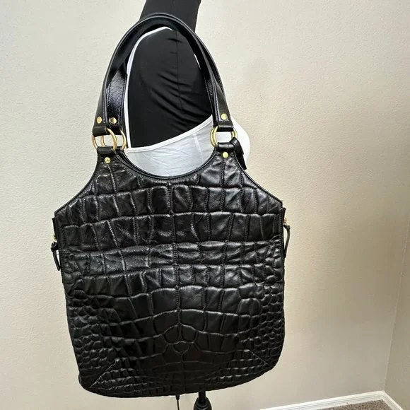 Vintage YSL Saint Laurent Black Patent Leather Croc Stitched Tribute Flat Tote